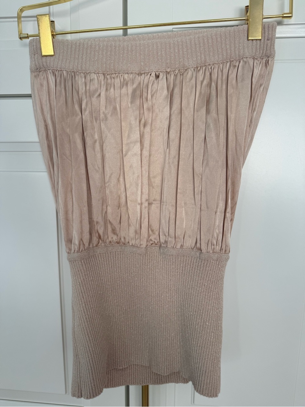 bebe Blush Pleated Strapless Knit Midi Dress